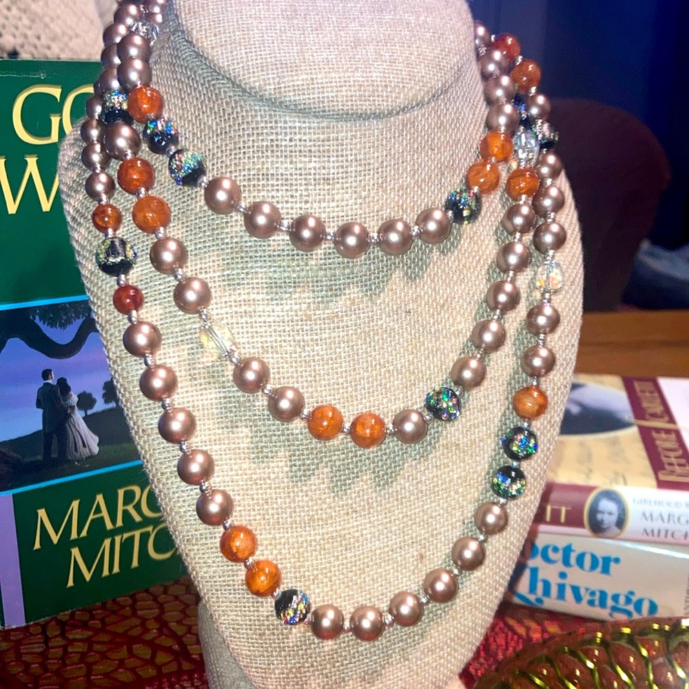 Japan Multi-Color Faux Pearl Art Glass Multi-Strand Necklace Vintage 1950s